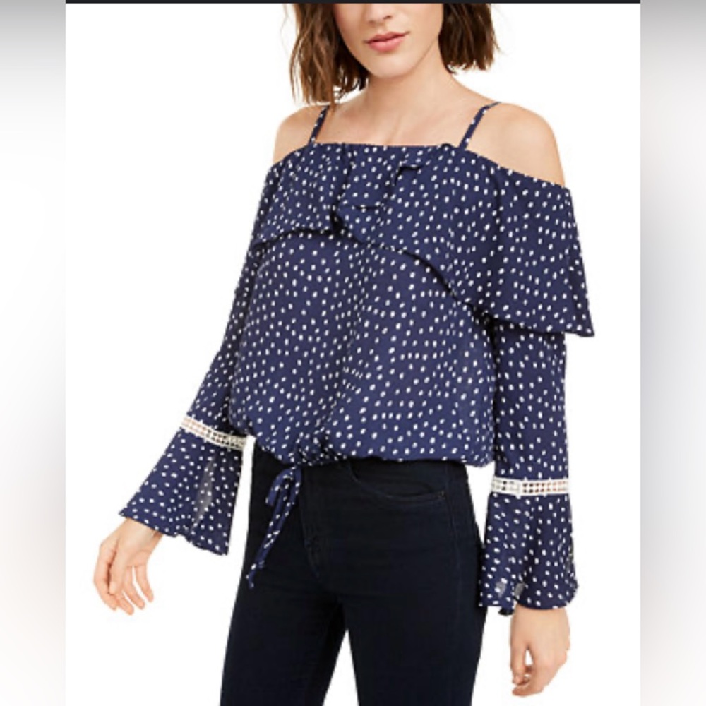 A. Byer Navy Polka Dot Off the Shoulder Long Sleeve Blouse Size Large